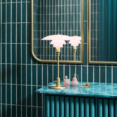 Poul Henningsen 'PH 3/2' Pale Rose Glass and Brass Table Lamp for Louis Poulsen Two Enlighten powder room lifestyle