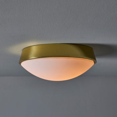 V3460 1980s Glashütte Limburg Brass & Opaline Glass Flush Mounts in the Manner of Stilnovo