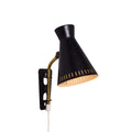 Black wall-mounted midcentury diabolo shaped lamp with plug and brass arm by Mauri Almari on a white background