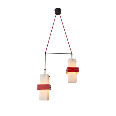 1950s Stilnovo Red Metal & Opaline Glass Suspension Lamp