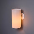 Wall-mounted light fixture with a cylindrical lucite shade on a dark background