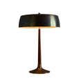 Table lamp with spun brass shade and wooden base on a white background
