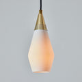 teardrop shaped midcentury Pendant light with gold fixture and white glass shade on a gray background