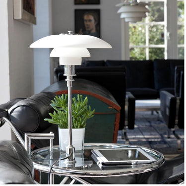 Poul Henningsen 'PH 3/2' Opal Glass Table Lamp for Louis Poulsen Two Enlighten chrome lifestyle living room 