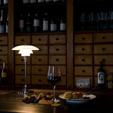 Poul Henningsen PH 2/11 Opal Glass Table Lamp Louis Poulsen Two Enlighten chrome lifestyle wine cellar 
