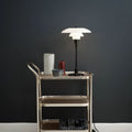 Poul Henningsen 'PH 3/2' Opal Glass Table Lamp for Louis Poulsen Two Enlighten black lifestyle bar cart 