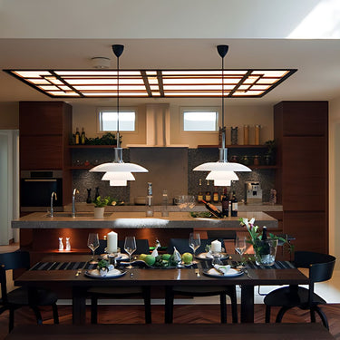 Poul Henningsen 'PH '3½-3' Glass Pendant for Louis Poulsen Two Enlighten chrome dining table lifestyle 
