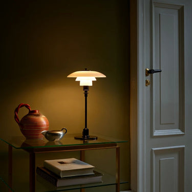Poul Henningsen PH 2/11 Opal Glass Table Lamp Louis Poulsen Two Enlighten black lifestyle side table
