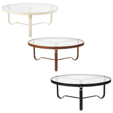 Jacques Adnet 'Circulaire' Glass and Leather Coffee Table for GUBI hero packshot all varia