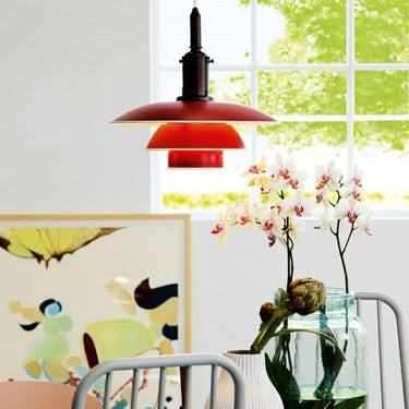 PH 3.5_3 Metal Pendant Red Aluminum Copper Louis Poulsen lifestyle lit Two Enighten.jpg