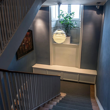 Monumental Poul Henningsen 'PH Louvre' Suspension Lamp for Louis Poulsen Two Enlighten lifestyle stairs.jpg