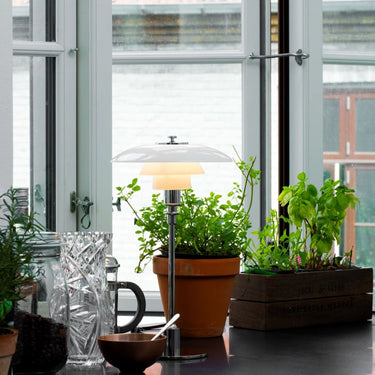Poul Henningsen PH 2/11 Opal Glass Table Lamp Louis Poulsen Two Enlighten chrome lifestyle window