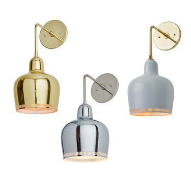 Three wall-mounted lamps in gold, silver, and gray on a white background