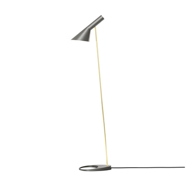 Arne Jacobsen 'AJ Floor' Brass and Black or Grey Floor Lamp for Louis Poulsen Two Enlighten grey and brass packshot 