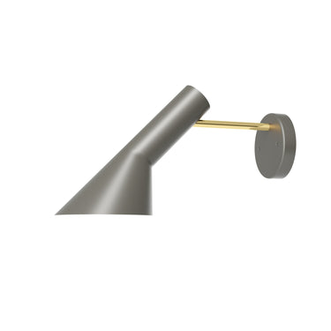 Wall-mounted lamp with a gray shade and brass arm on a white background