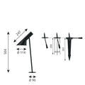 Black and white diagram of a garden pathway light with dimensions in millimeters and mounting options