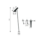 Technical drawing of a black outdoor pathway light with metric dimensions on a white background