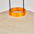 Close-up of a woven lampshade with an orange ring and black wires on a light gray background