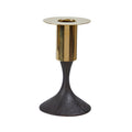 Two metallic candle holders with gold and black design on a white background