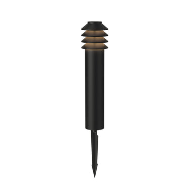 Black Bysted pathway outdoor landscape light with tiered design on a white background