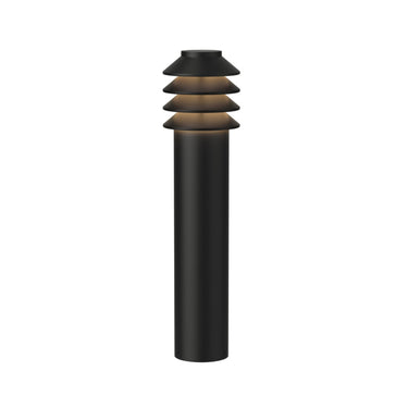 Black metal bysted pathway outdoor bollard light with layered design on a white background