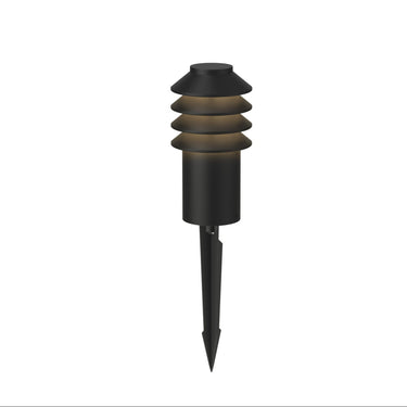 Black metal bysted pathway light with a spike mount detail on a white background