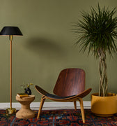 Wooden chair with a floor lamp and plant against a green wall