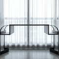 Modern console table or desk with glass panels against a curtain backdrop