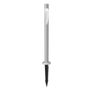 anchor mounted pathway light with an aluminum cylindrical body and black stake on a white background