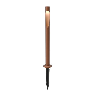 Tall outdoor pathway light fixture with a corten red brown base and cylindrical body on a white background