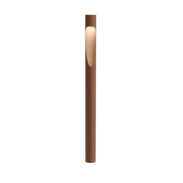 Tall corten red cylindrical pathway light fixture on a white background