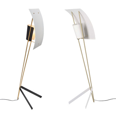 Two modern floor lamps with white shades and gold, black, and white bases on a white background.