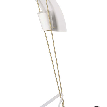 Modern floor lamp with white shade and gold metal legs on a white background