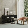 Gräshoppa Table Lamp in Brass with Canvas Shade by Greta M. Grossman for GUBI Two Enlighten book shelf unlit lifestyle