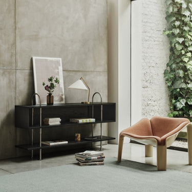 Gräshoppa Table Lamp in Brass with Canvas Shade by Greta M. Grossman for GUBI Two Enlighten book shelf unlit lifestyle
