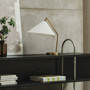 Gräshoppa Table Lamp in Brass with Canvas Shade by Greta M. Grossman for GUBI Two Enlighten lifestyle bookcase