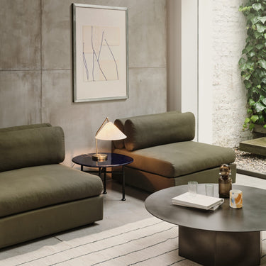 Gräshoppa Table Lamp in Brass with Canvas Shade by Greta M. Grossman for GUBI Two Enlighten living room lifestyle side table