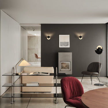 Gräshoppa Table Lamp in Brass with Canvas Shade by Greta M. Grossman for GUBI Two Enlighten lifestyle living room 