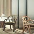 Timberline Table Lamp in Oak and Birch by Mads Caprani for GUBI Two Enlighten lifestyle with bistra chairs 