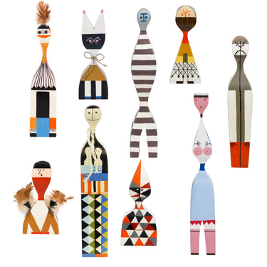 Collection of colorful, abstract figurines on a white background