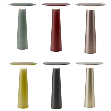 Set of six round portable outdoor lights with cylindrical bases in various colors on a white background