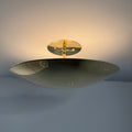 ceiling-mounted bass lamp with a gold accent on a light gray wall