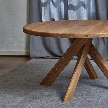 Pierre Chapo 'T21 Sfax' Handcrafted Wood Table on grey rug for Two Enlighten
