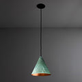 Green verdigris tratten pendant light with copper interior against a gray background