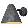 Wall-mounted lamp with textured patinated shade on a white background