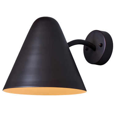 dark brown wall-mounted lamp with a cone-shaped shade on a white background