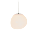 Spherical pendant light with a white glass shade on a white background