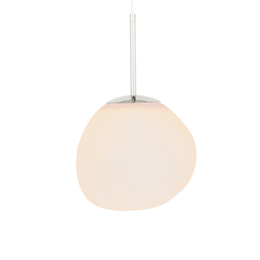 Spherical pendant light with a white glass shade on a white background