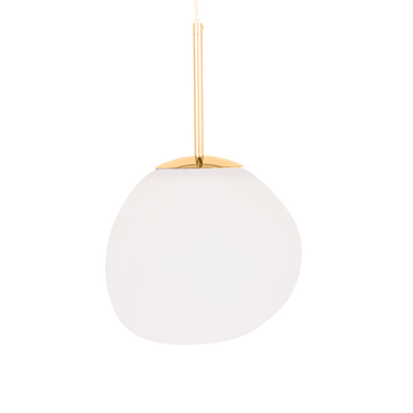 White pendant light with gold fixture on a white background