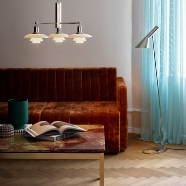 Arne Jacobsen 'AJ Floor' Lamp for Louis Poulsen Two Enlighten stainless steel living room 